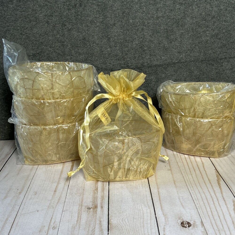 Gift Basket Gold Metal Wire Mesh Box with Golden Ribbon Sheer Fabric 6 Count
